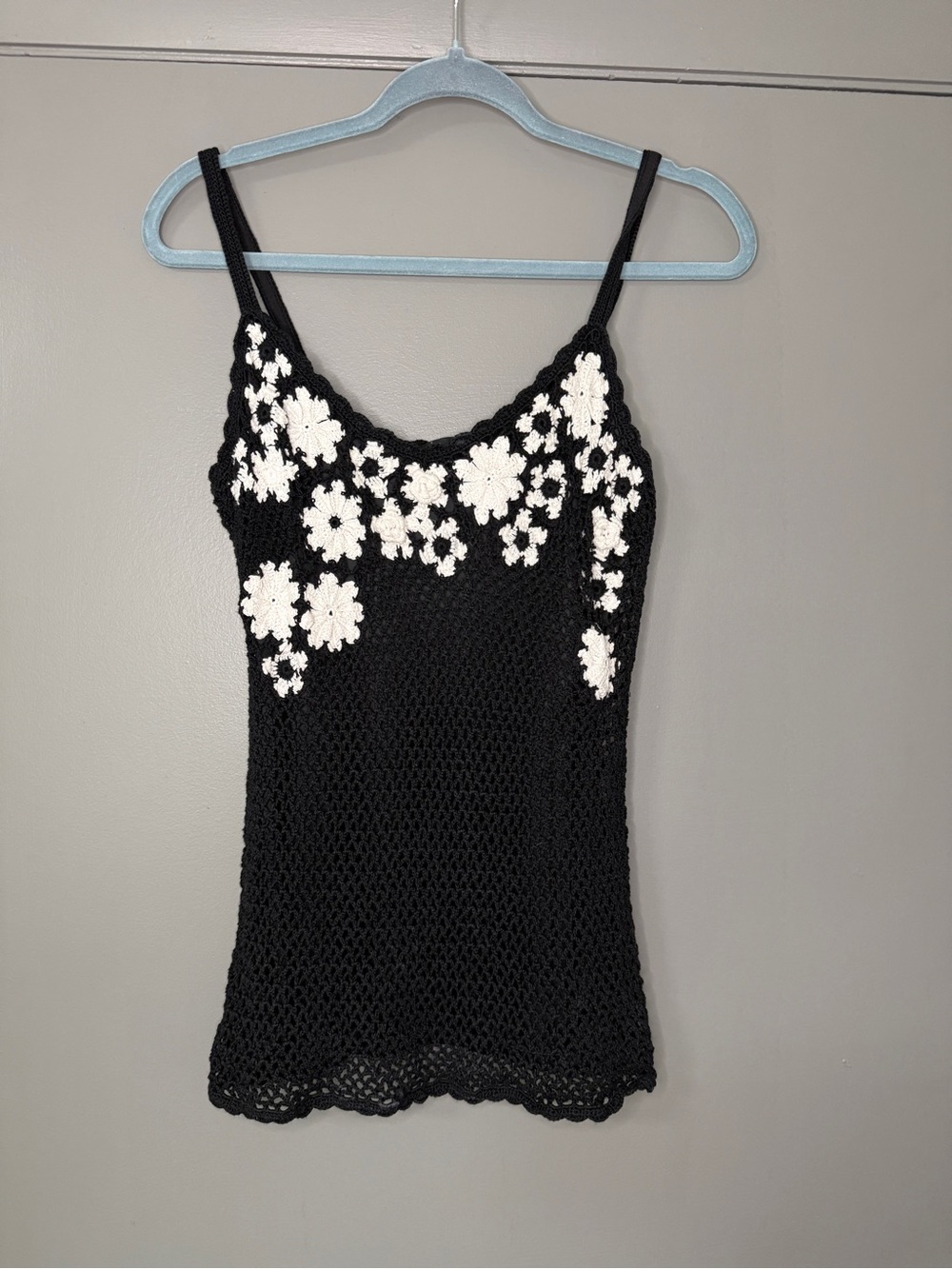 black crochet floral tank top with flower detail